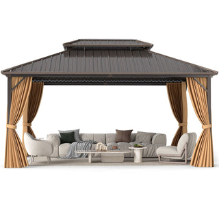 Hardtop Aluminum Gazebo with Curtains and Netting – 16' x 12', Coffee