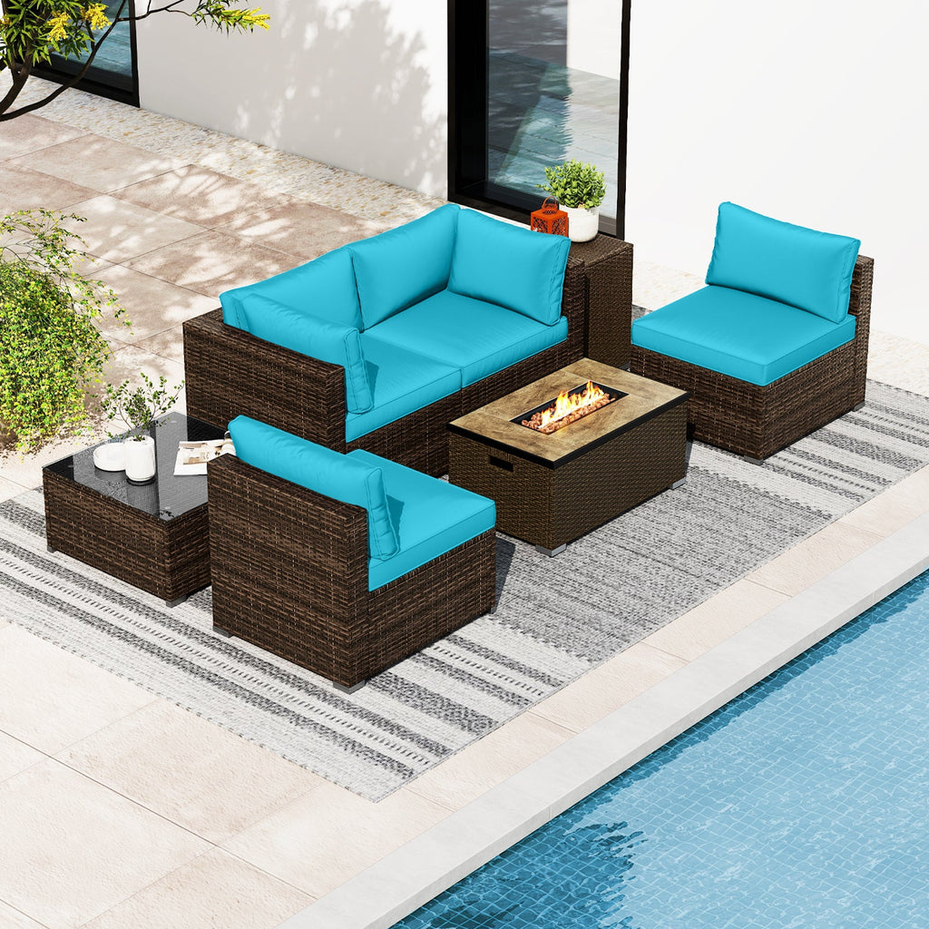 7-Piece PE Rattan Sectional Set with 32-Inch Gas Fire Pit Table and Tank Cover