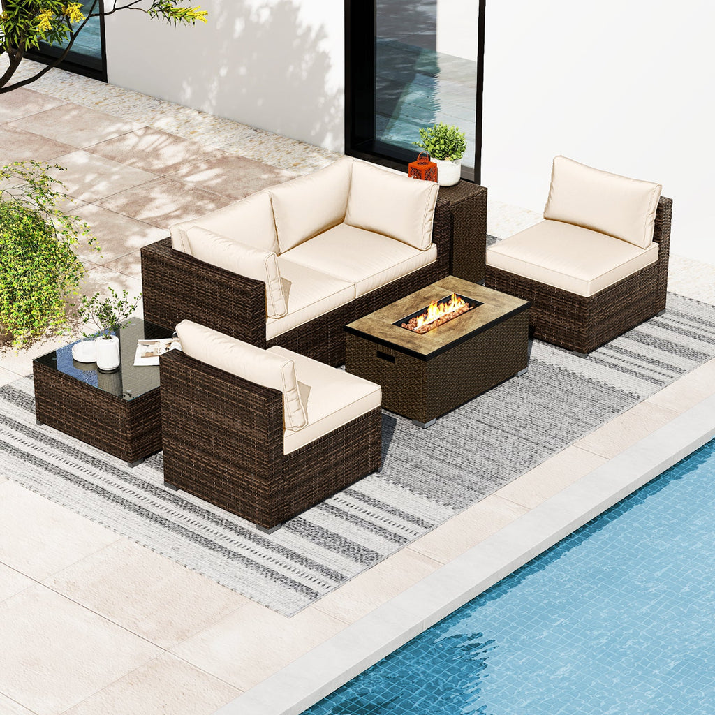 7-Piece PE Rattan Sectional Set with 32-Inch Gas Fire Pit Table and Tank Cover
