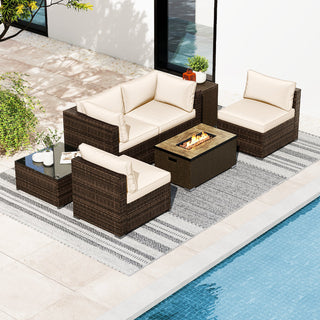 7-Piece PE Rattan Sectional Set with 32-Inch Gas Fire Pit Table and Tank Cover