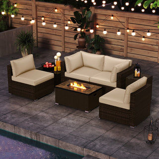 7-Piece PE Rattan Sectional Set with 32-Inch Gas Fire Pit Table and Tank Cover