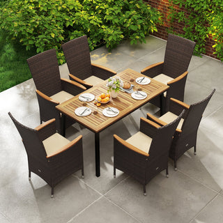 7-Piece Outdoor Dining Set with Wicker Armchairs and Acacia Wood Table