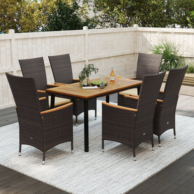 7-Piece Outdoor Dining Set with Wicker Armchairs and Acacia Wood Table
