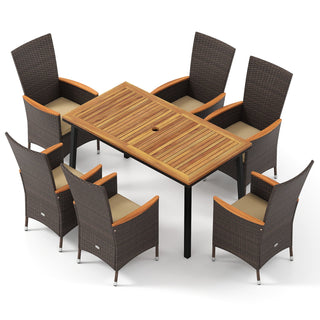 7-Piece Outdoor Dining Set with Wicker Armchairs and Acacia Wood Table