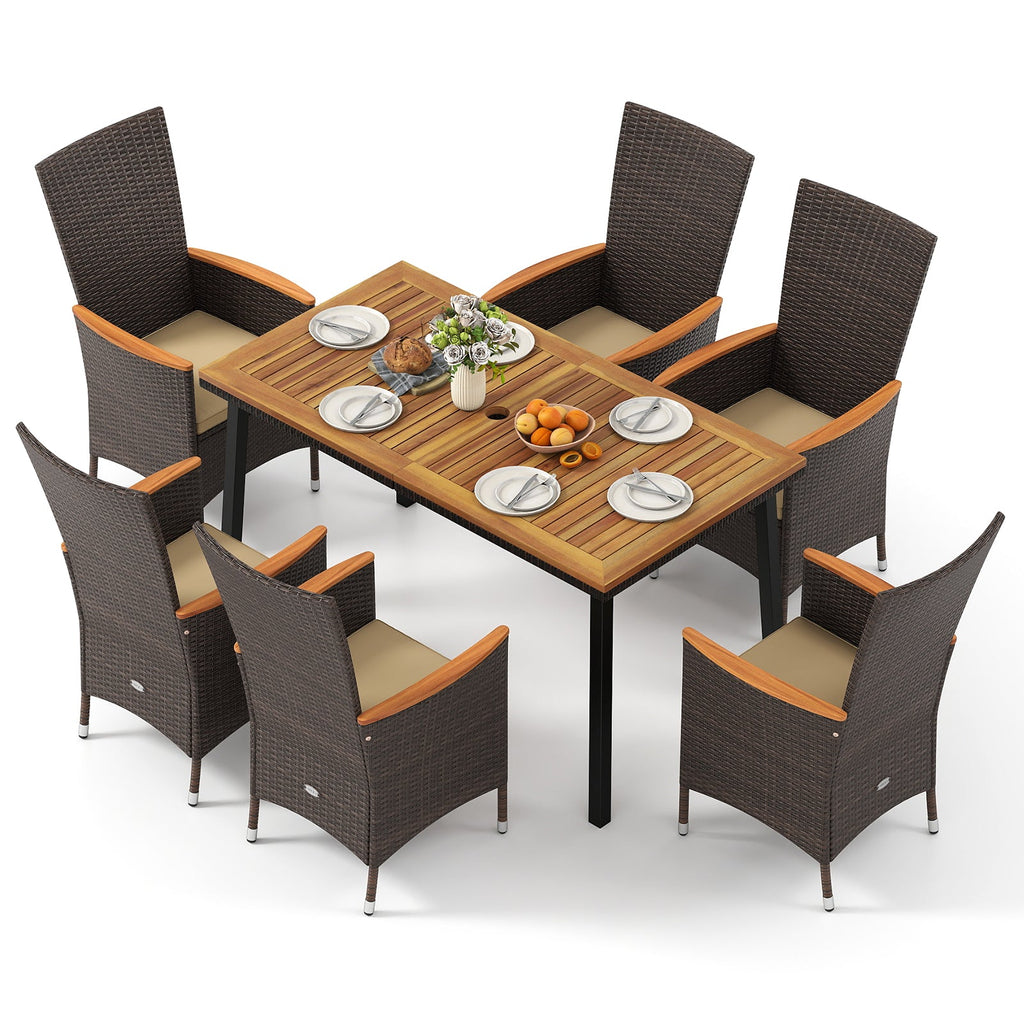 7-Piece Outdoor Dining Set with Wicker Armchairs and Acacia Wood Table