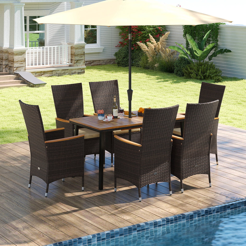 7-Piece Outdoor Dining Set with Wicker Armchairs and Acacia Wood Table
