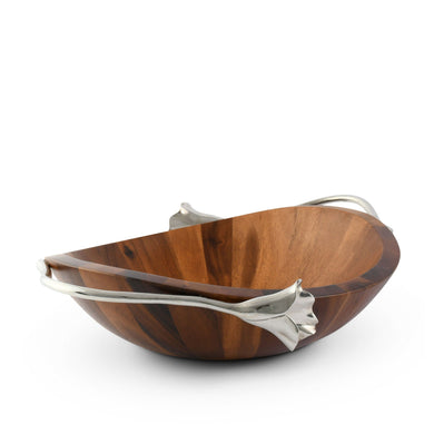 Lily Wood Salad Bowl | Acacia Serving Bowl with Pewter Handles