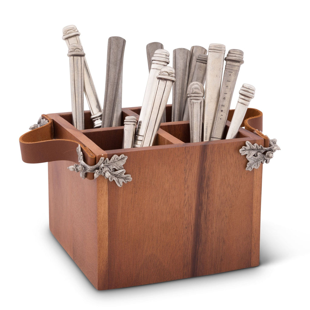 Acorn Oak Leaf Flatware Caddy - Square Box Wood