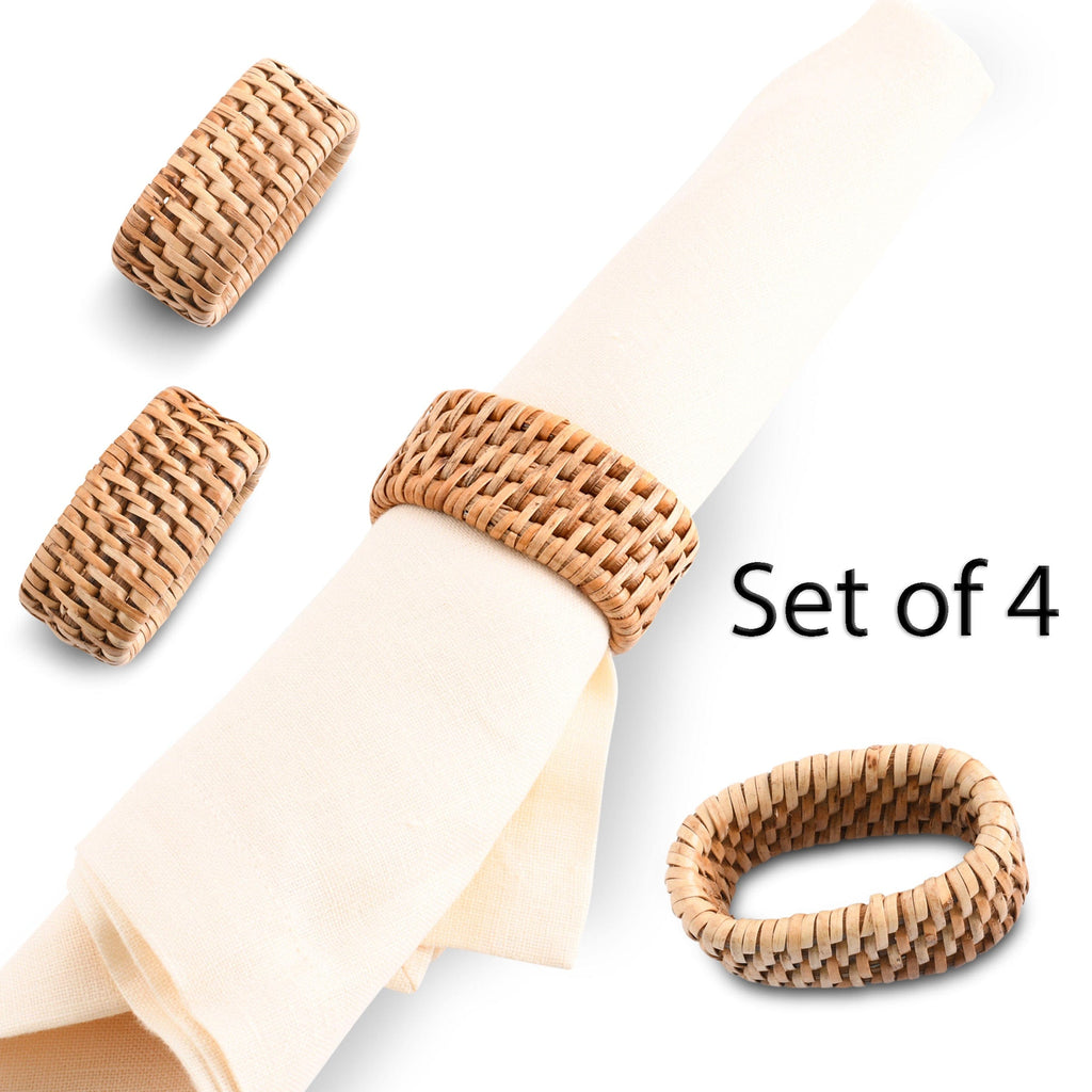 Hand Woven Rattan Napkin Rings | Set of 4 Coastal Table Accents