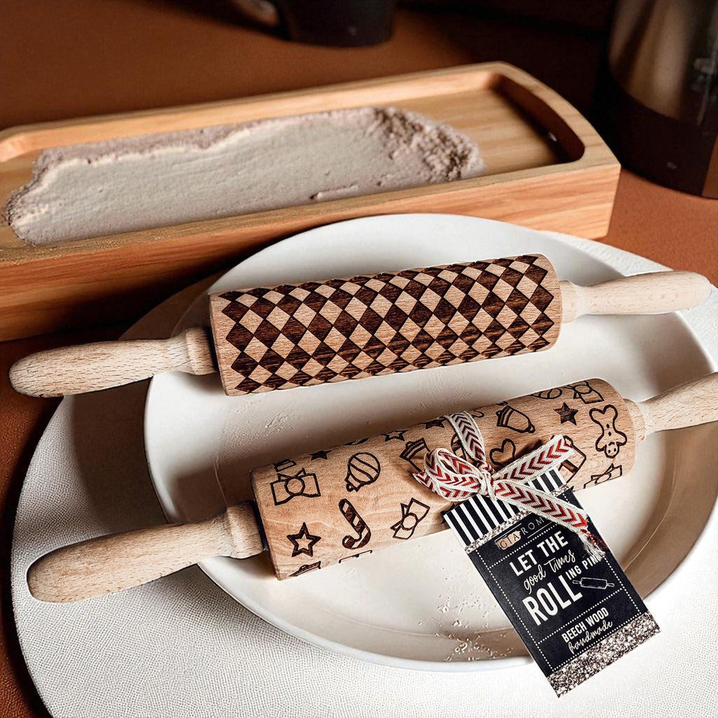 Courtly Checkered & Diamond Embossed Rolling Pin – Decorative Cookie Rolling Pin