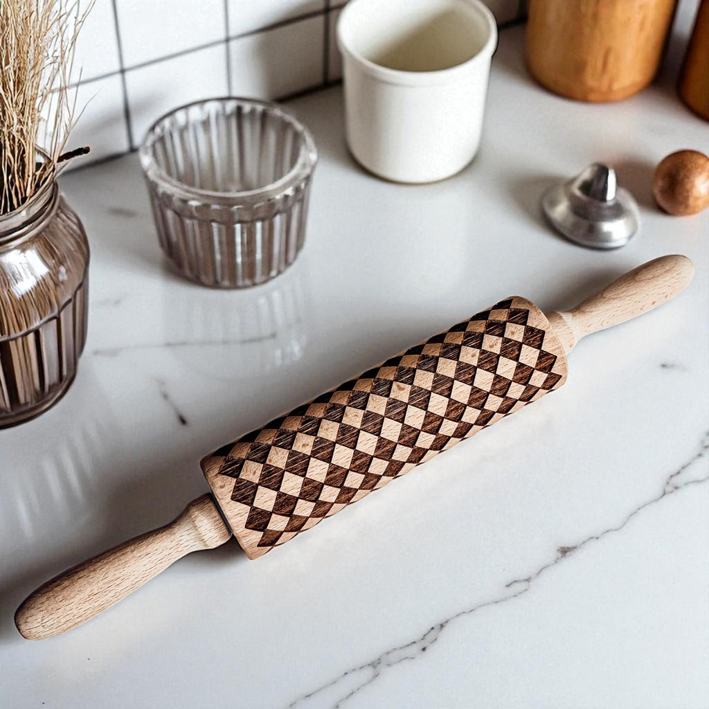 Courtly Checkered & Diamond Embossed Rolling Pin – Decorative Cookie Rolling Pin
