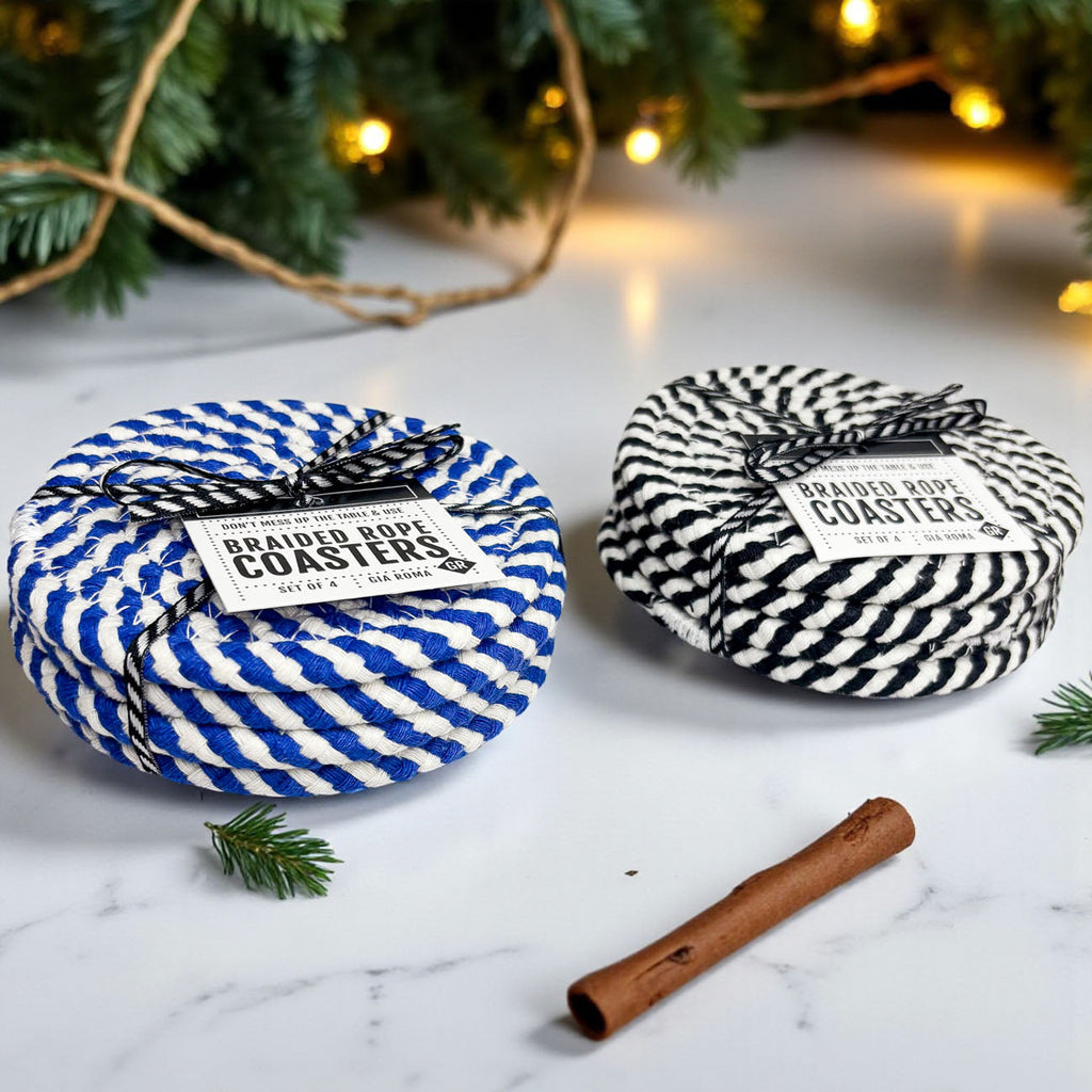 Blue & White Braided Rope Coasters – Coastal Cotton Drink Coasters (Set of 4)