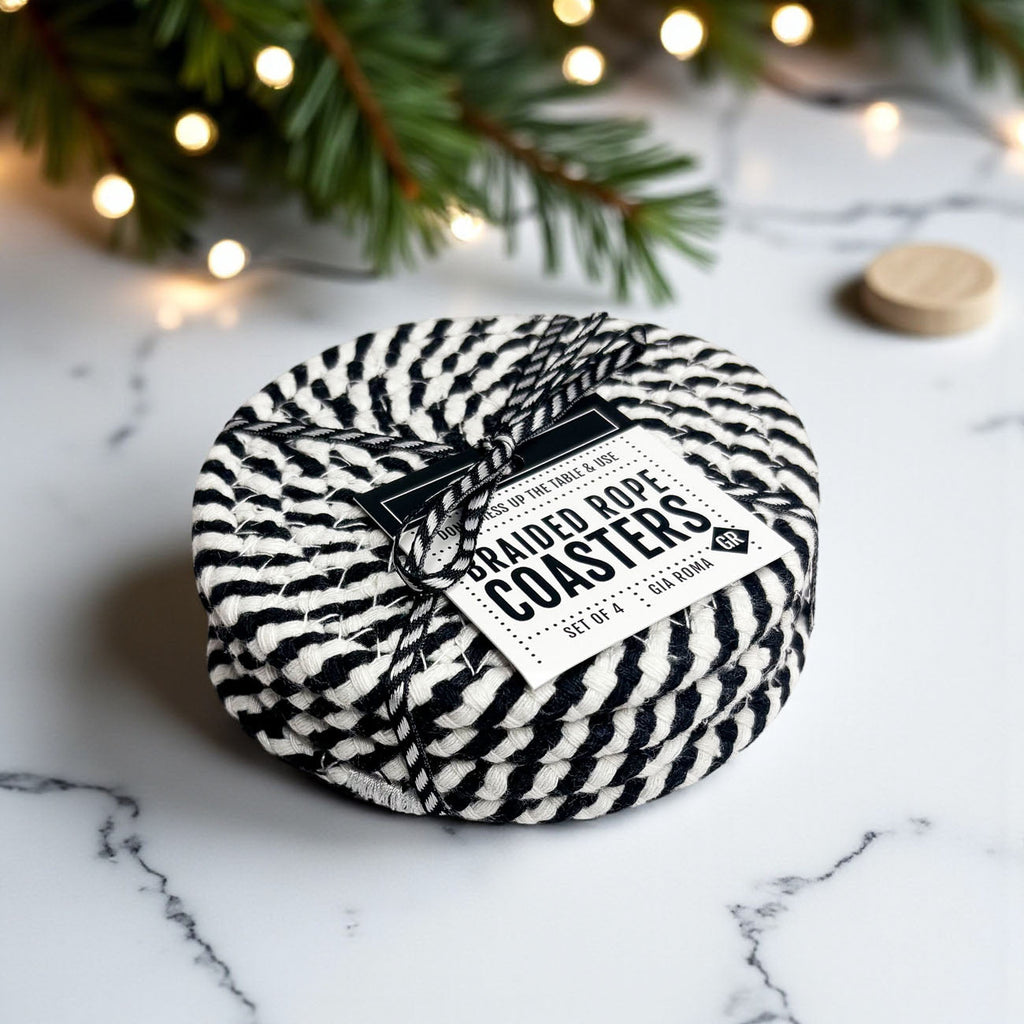Black & White Braided Rope Coasters – Classic Cotton Drink Coasters (Set of 4)