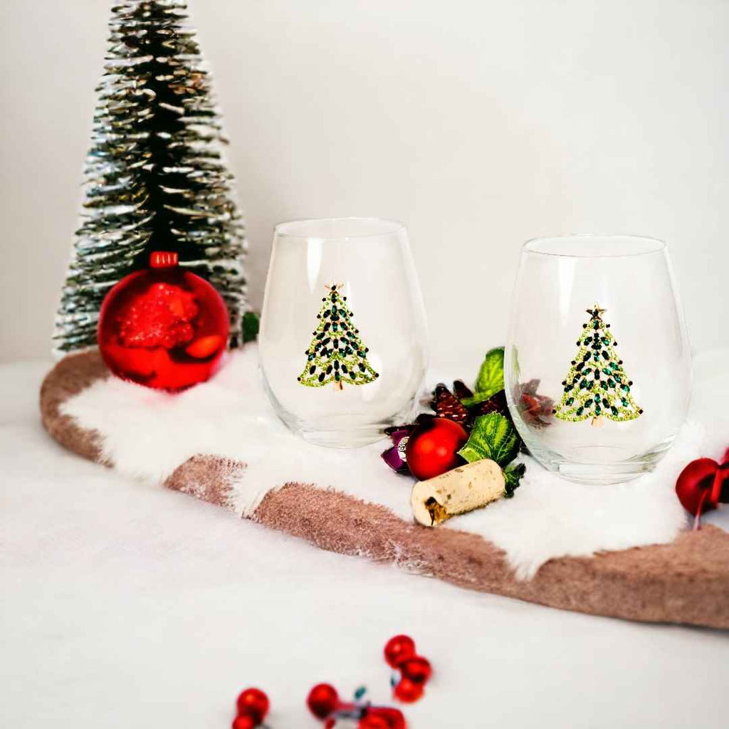 Jeweled Christmas Tree Stemless Wine Glasses – Set of 2