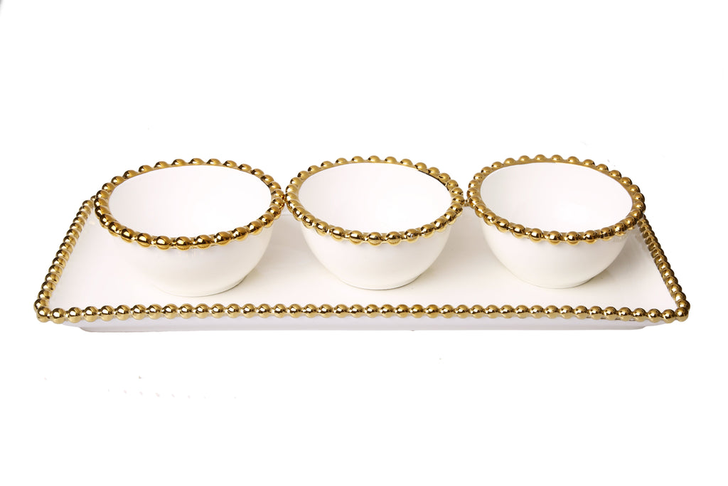 Elegant White Porcelain Three-Bowl Relish Dish with Gold Beading