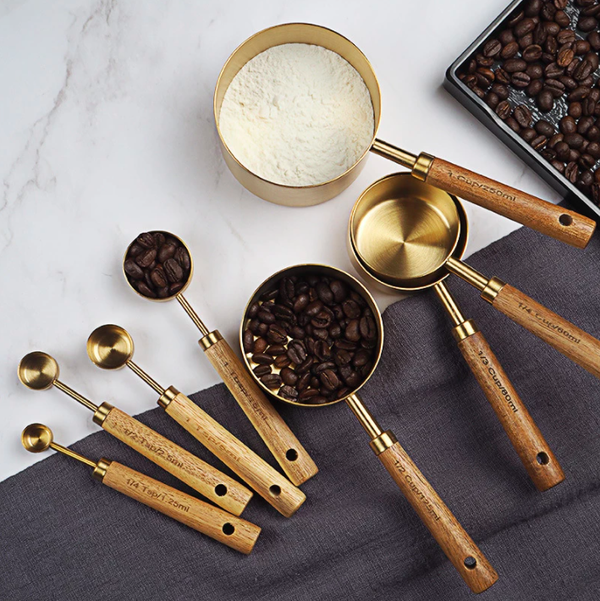 Gold Measuring Spoons with Walnut Wood, Set of 4