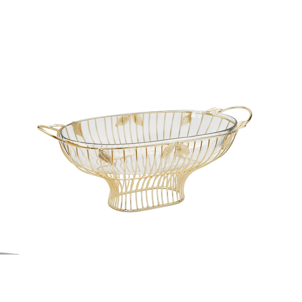 Gold Leaf Oval Shaped Bowl With Glass Insert - Dining and Serving Centerpiece - Anara Lifestyle