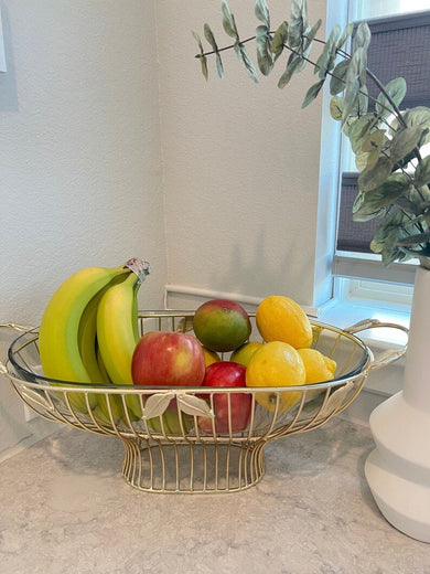 Gold Leaf Oval Shaped Bowl With Glass Insert - Dining and Serving Centerpiece - Anara Lifestyle