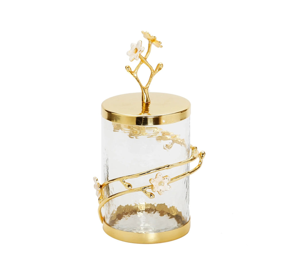 Hammered Glass Canister with White Cherry Flower Details Set of 3 - Anara Lifestyle