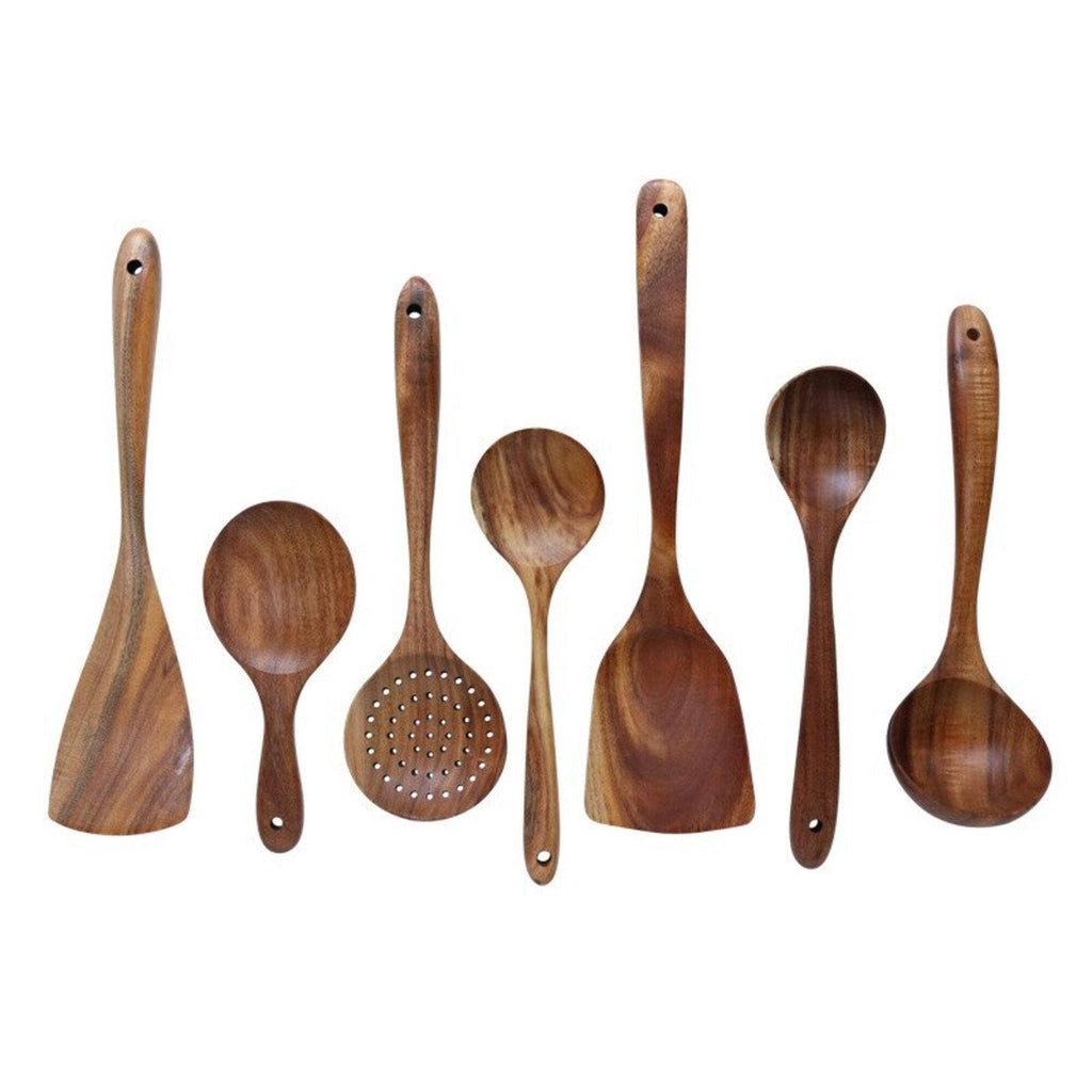 Rustic 7 Pieces Teak Wooden Utensil Set - Anara Lifestyle
