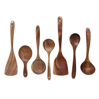 Rustic 7 Pieces Teak Wooden Utensil Set - Anara Lifestyle