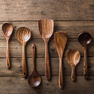 Rustic 7 Pieces Teak Wooden Utensil Set - Anara Lifestyle