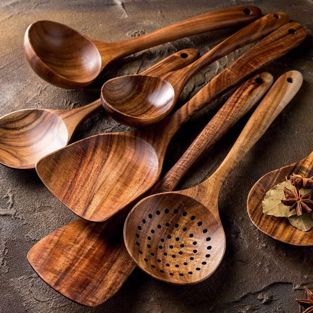 Rustic 7 Pieces Teak Wooden Utensil Set - Anara Lifestyle