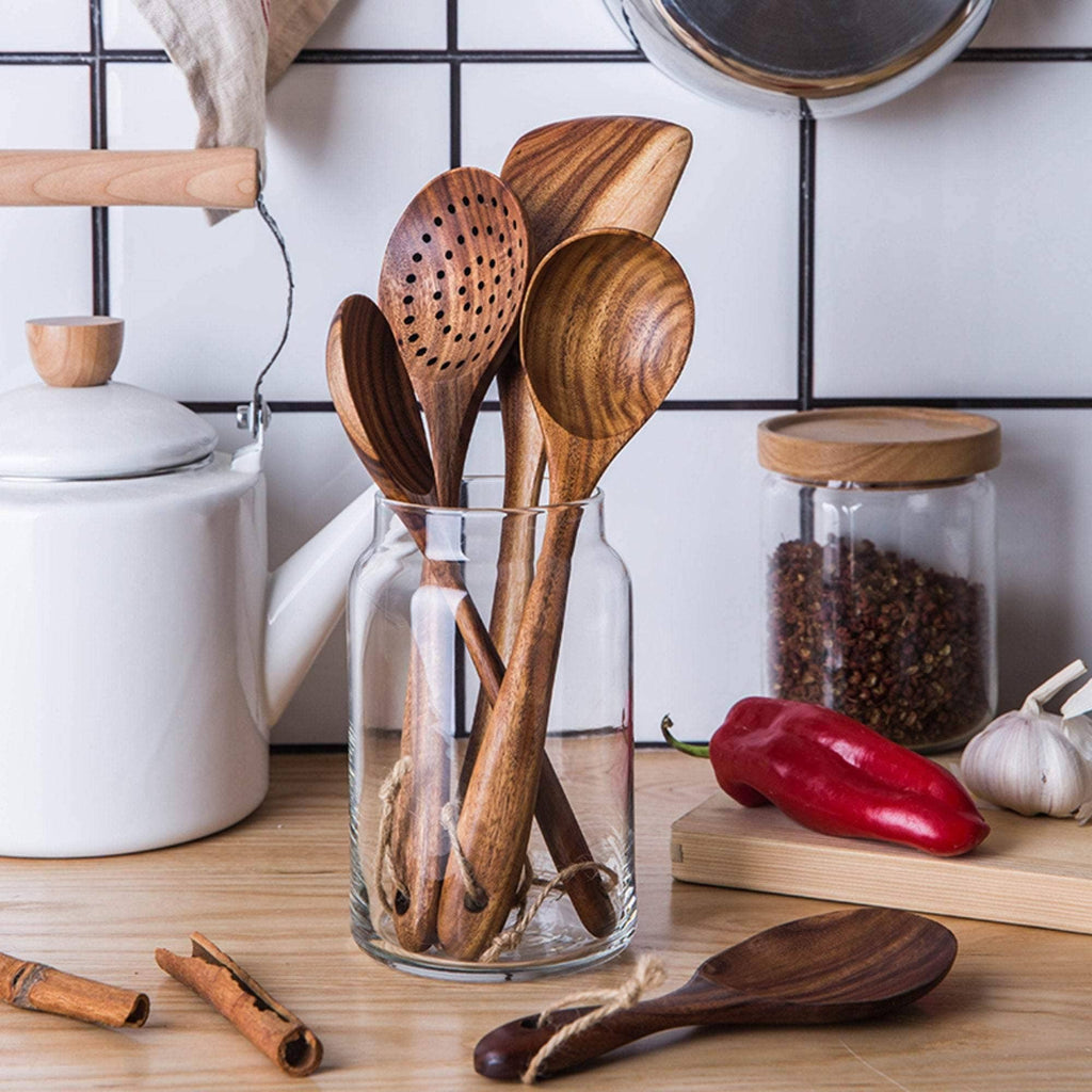 Rustic 7 Pieces Teak Wooden Utensil Set - Anara Lifestyle