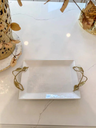 White Ceramic Rectangular Tray with Gold Leaf Handle - Anara Lifestyle