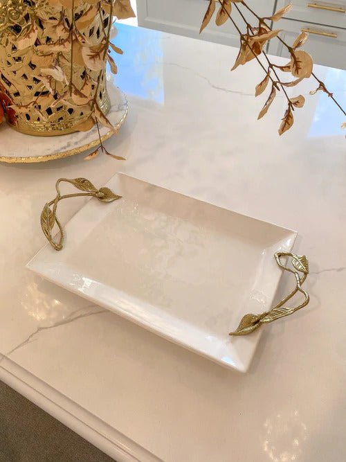 White Ceramic Rectangular Tray with Gold Leaf Handle - Anara Lifestyle