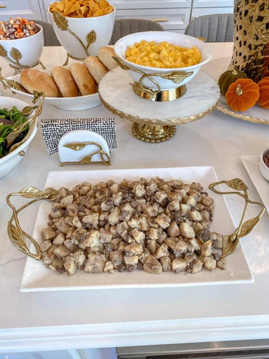 White Ceramic Rectangular Tray with Gold Leaf Handle - Anara Lifestyle