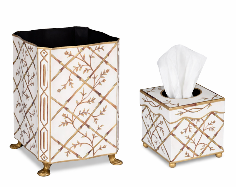 Ivory Bamboo & Floral Tissue Holder & Wastepaper Basket | Elegant Bath Décor