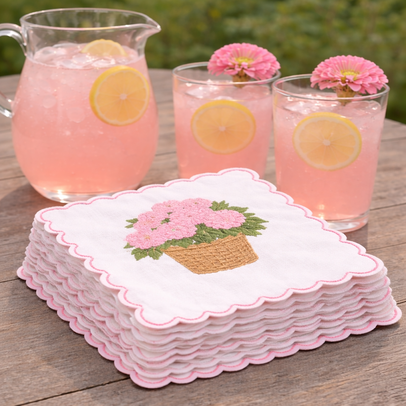 Set of 4 Pink Hydrangea Embroidered Cocktail Napkins