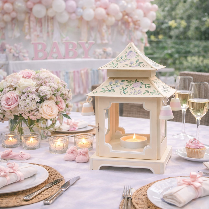 Pale Pink & Green Floral Pagoda Lantern | Chinoiserie Accent