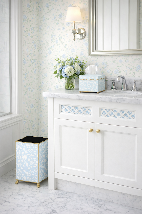 Pale Blue Spring Floral Wastepaper Basket & Tissue | Elegant Bath Décor