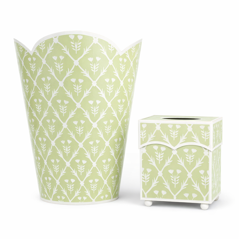 Pale Green & White Tulip Wastepaper Basket & Tissue | Elegant Bath Décor