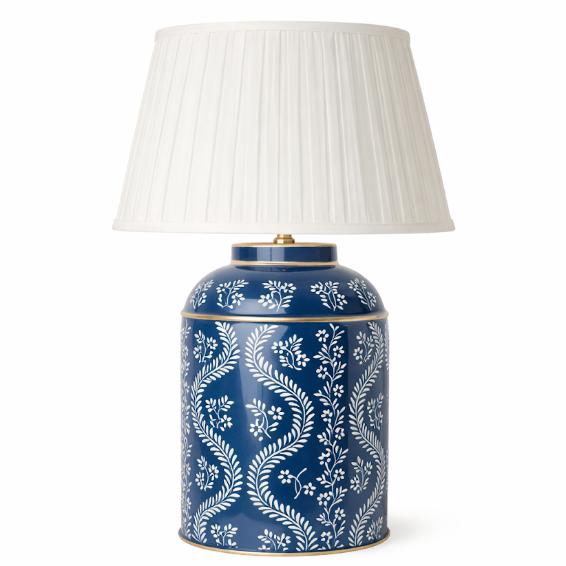 Navy Ikat Trellis Tea Caddy Table Lamp – Hand-Painted Chinoiserie Metal Lamp