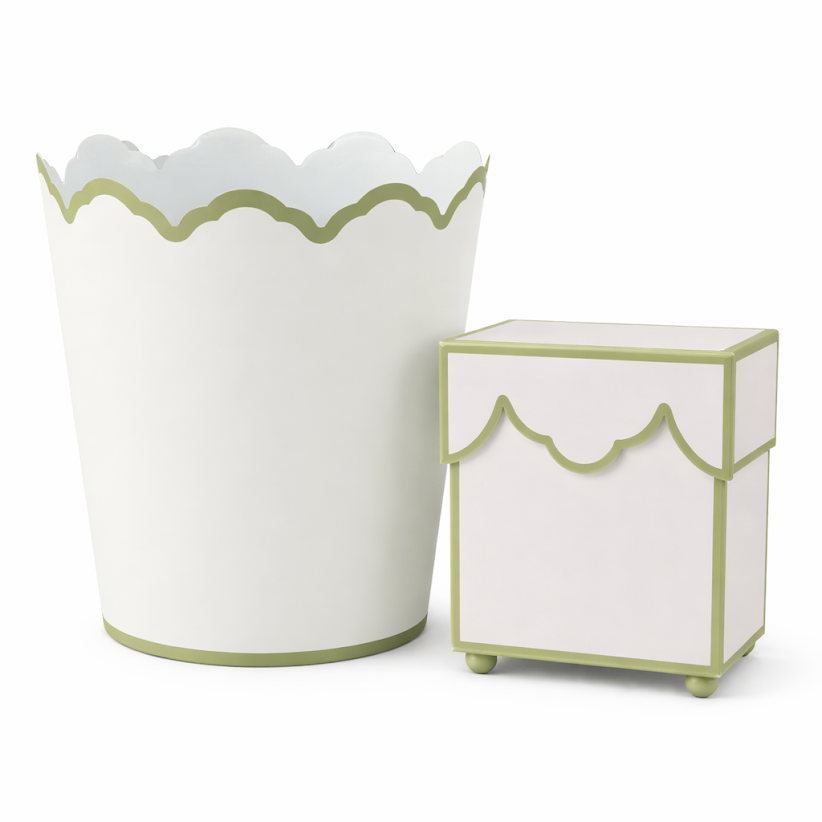 White & Olive Scalloped Wastepaper Basket & Tissue Box Set