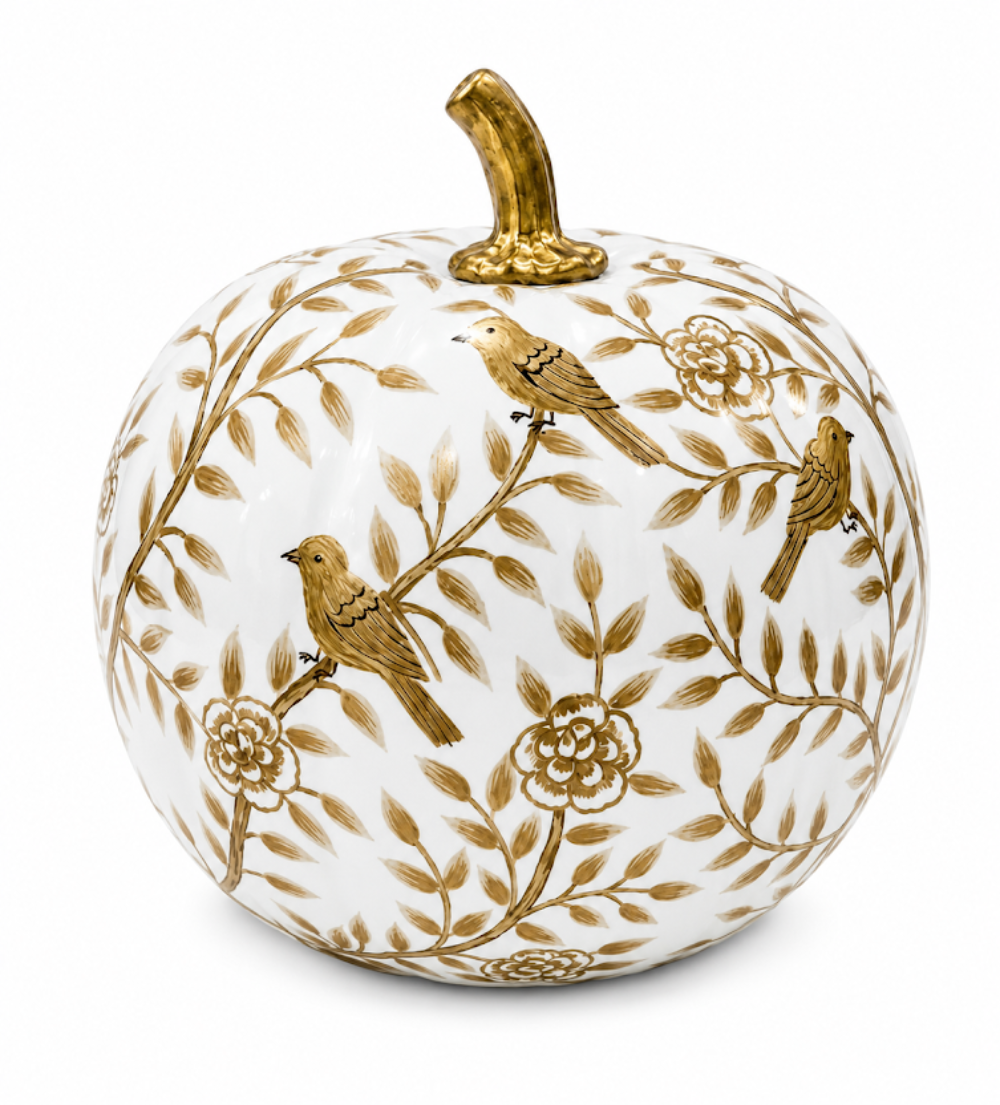 Gold Bird & Vine Hand-Painted Metal Pumpkin – 4-Inch