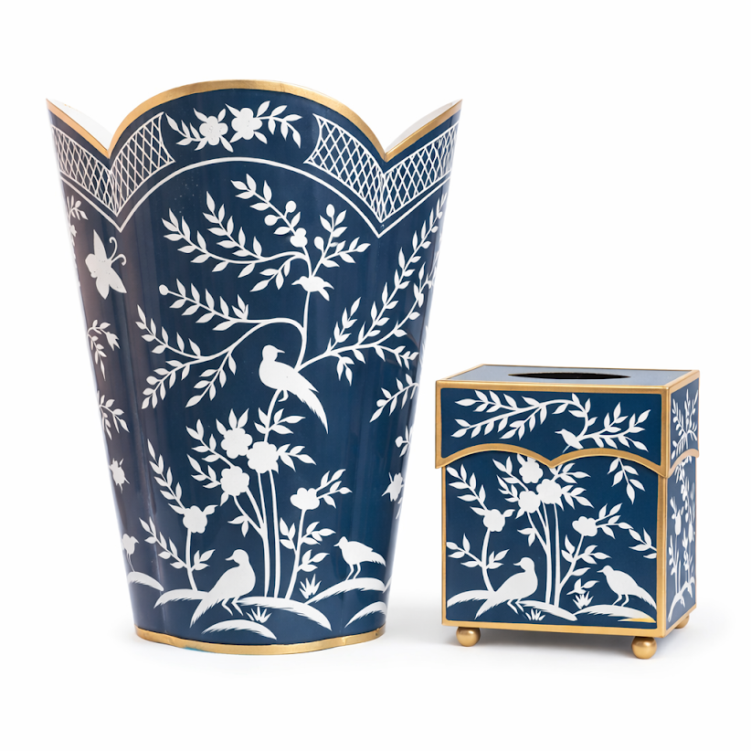 Navy & White Chinoiserie Wastepaper Basket & Tissue (3 Options) | Elegant Bath Décor
