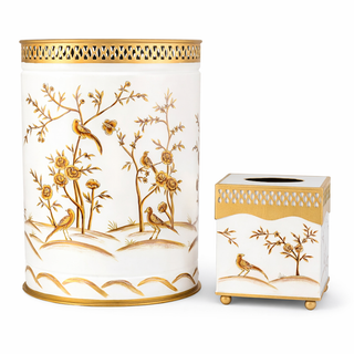 Ivory & Gold Oval Pierced Wastepaper Basket & Tissue | Elegant Bath Décor