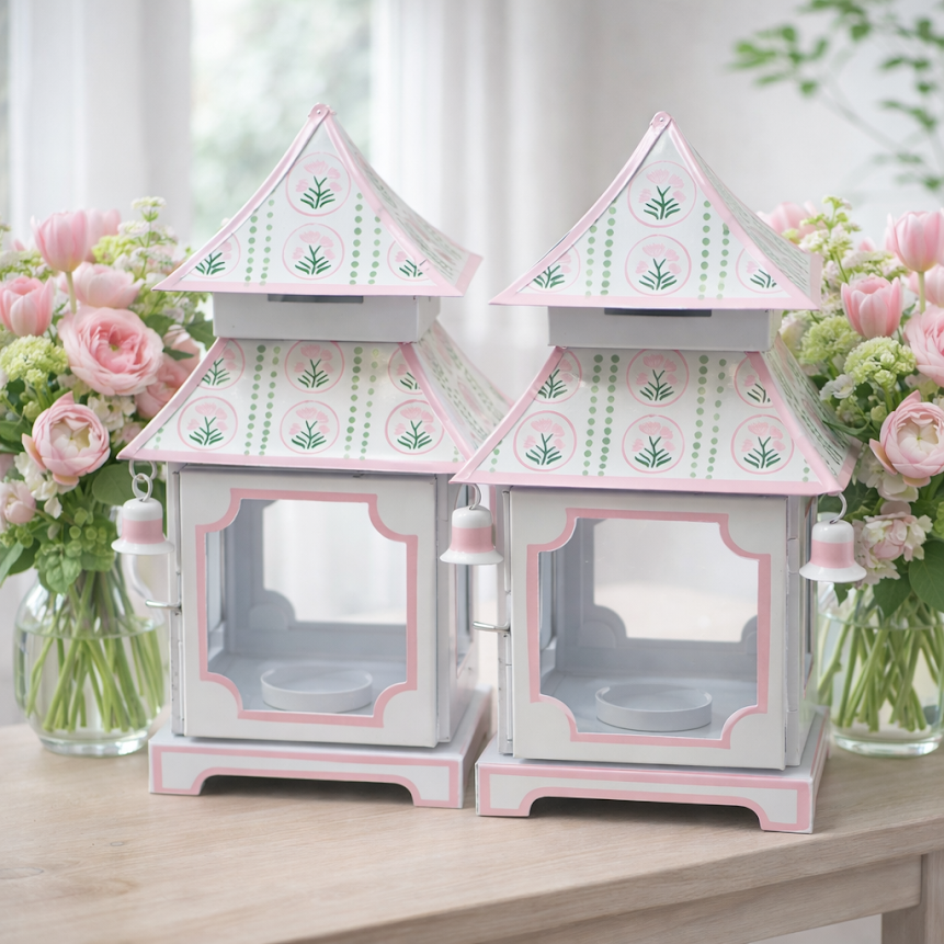 Pink Tulip Pagoda Lantern (3 Sizes) | Floral Chinoiserie Accent
