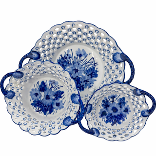 Blue & White Floral Pierced Handle Bowls, Set of 3
