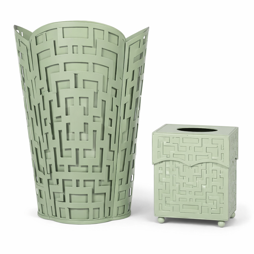 Dark Celadon Fretwork Wastepaper Basket & Tissue Holder (3 Options) | Elegant Bath Décor