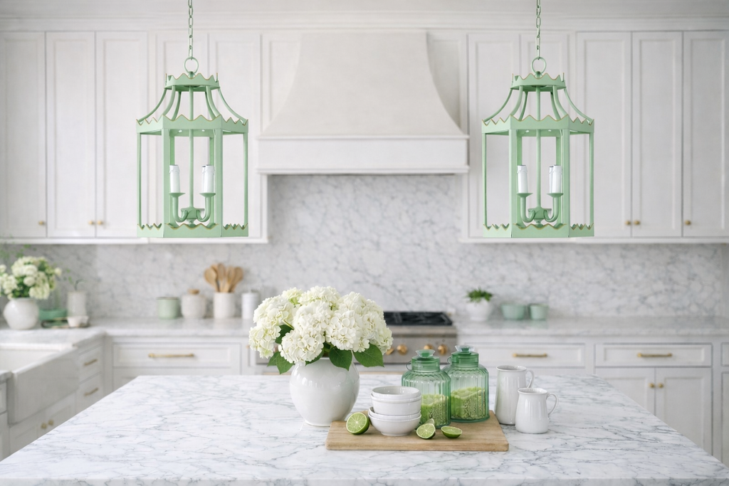Elegant Green Scalloped Lantern Chandelier with Gold Trim