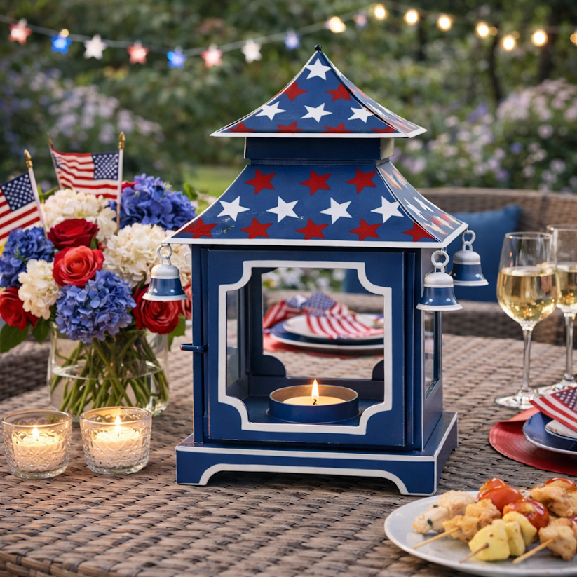 Navy with Red & White Star Pagoda Lantern | Chinoiserie Accent
