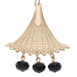 Gold Fan with Jet Bead Drop Wire Earrings