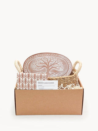 Bread Warmer & Basket Gift Set with Tea Towel - Tree of Life Oval