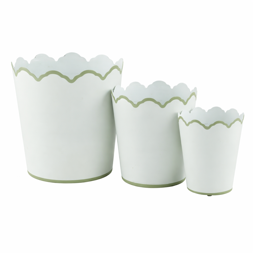 White & Soft Green Scalloped Bucket Wastepaper Basket & Planters (3 Sizes) | Elegant Décor