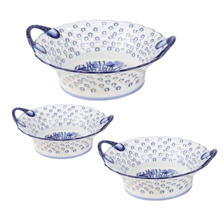 Blue & White Floral Pierced Handle Bowls, Set of 3